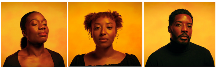 Three images in a row, all on a warm yellow background. The first square image pictures Cash Holland who has her hair in a low bun, resting her eyes. The second depicts Joséphine-Fransilja Brookman who looks straight on, with her curly hair in two space buns. The third image is of Solomon Israel, he has black hair and beard, he wears a black turtleneck.