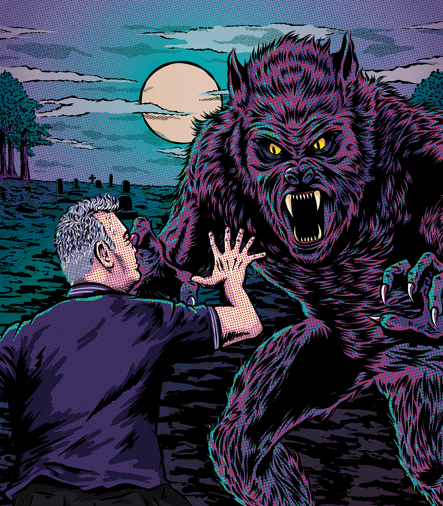 A comic style cartoon image of Stewart lee holding his hand up to a big purple ware wolf with a full moon and fields in the background.