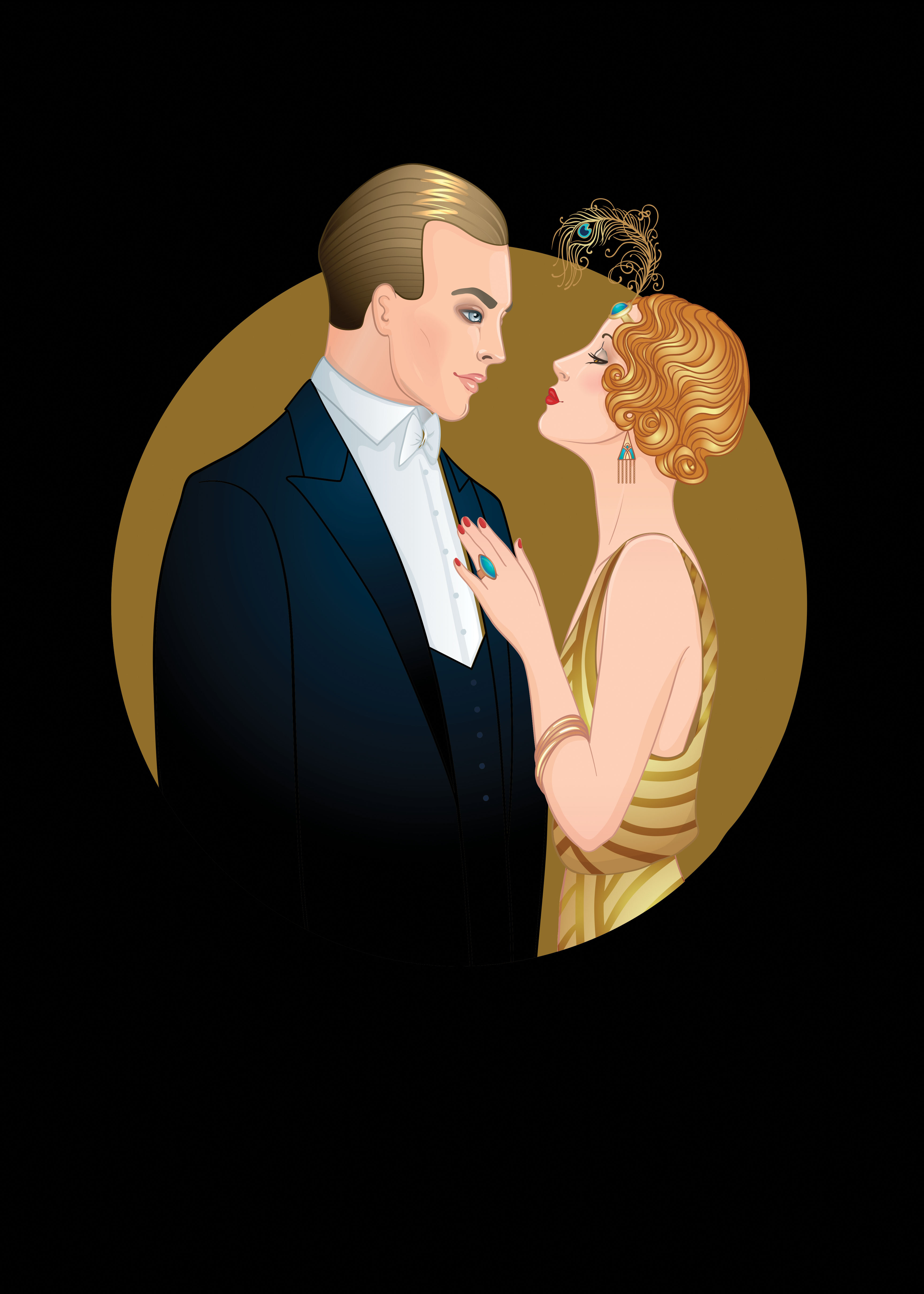 Illustration of a 1920s style couple, they gaze into each other's eyes