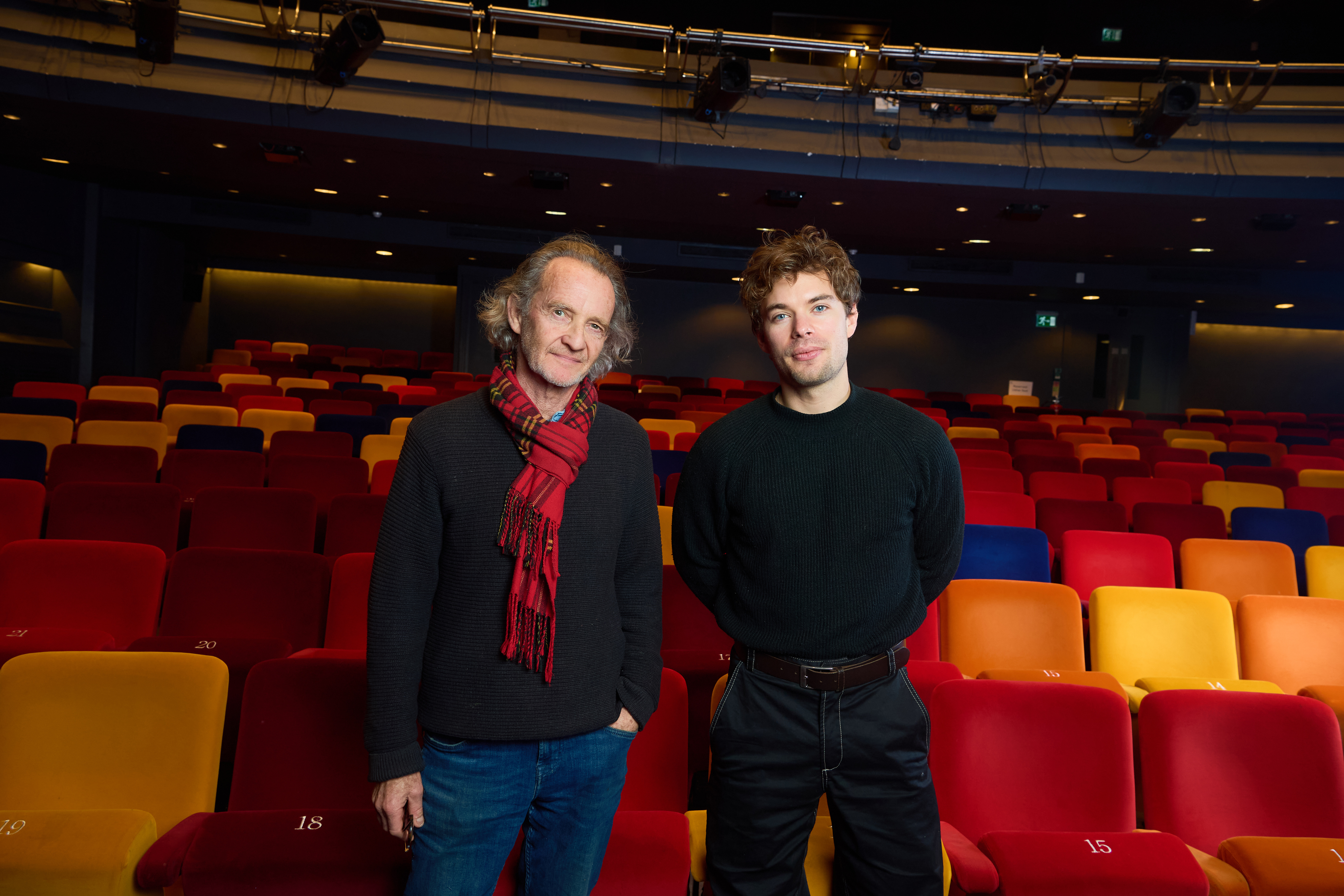 Anton Lesser and Charlie Hamblett stood amongst the seating of the Oxford Playhouse auditorium