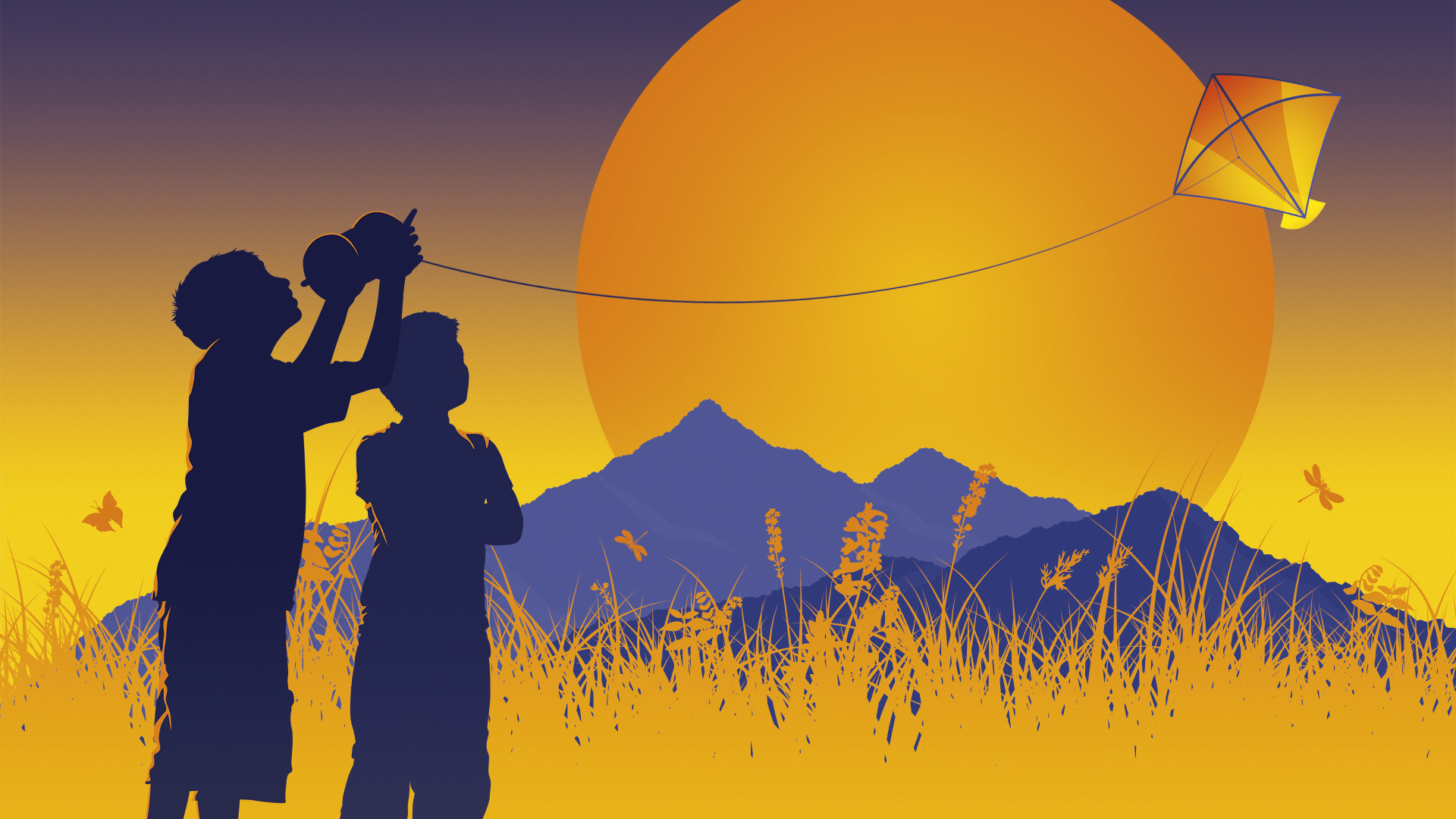 A cartoon of two blue silhouettes stood in a field in front of a mountain range. The two people fly a kite in front of a large orange sun.