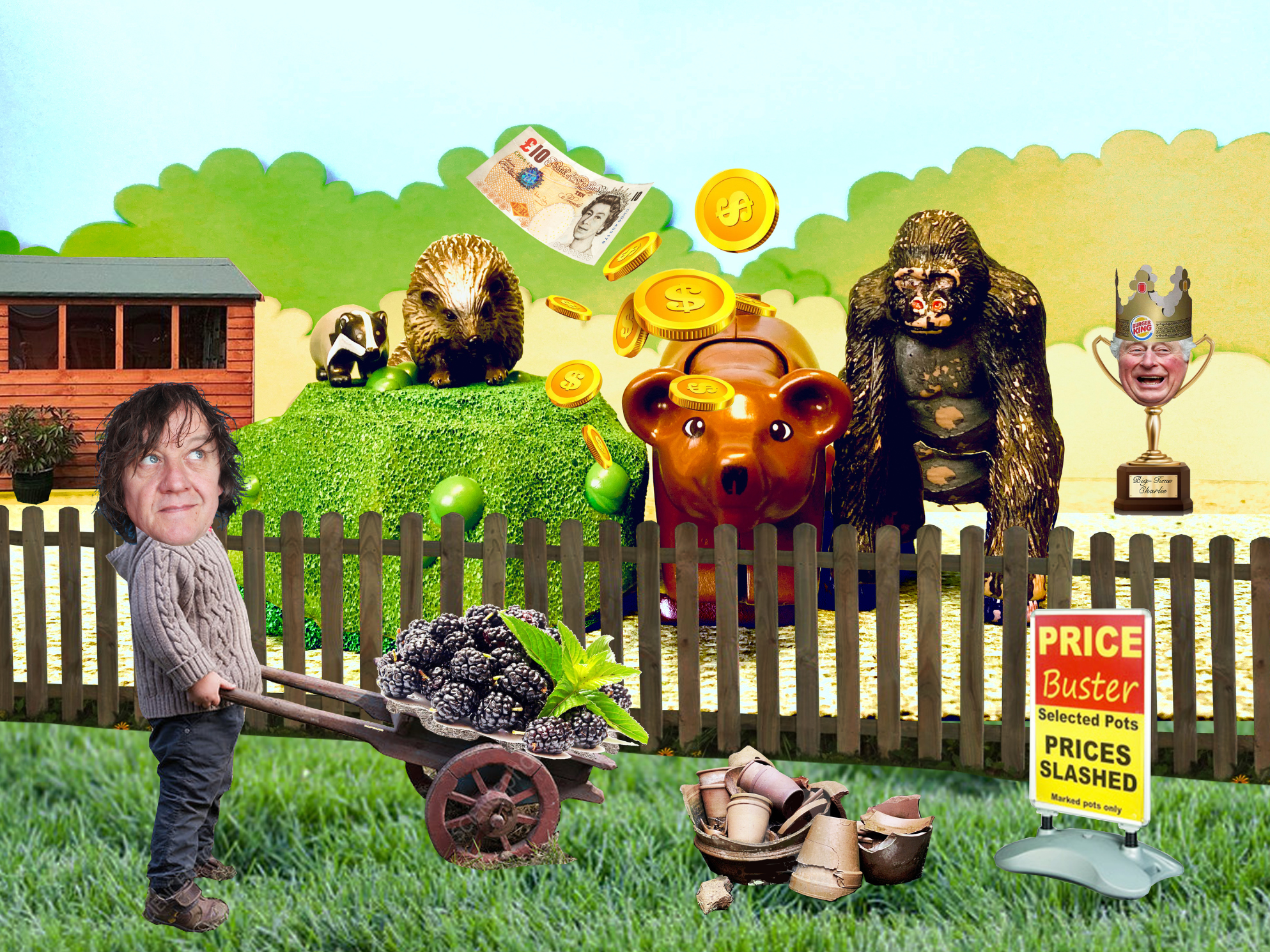 A cartoon image of a man with a wheelbarrow filled with raspberries. Behind a wooden fence is a shed, badger, hedgehog, piggy bank with money flying out of it, a gorilla and a trophy that's made out of a face wearing a Burger King hat.