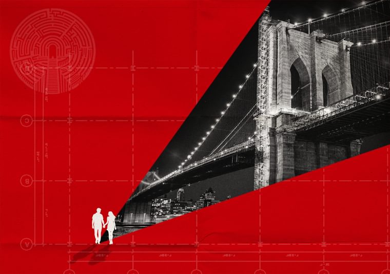 A collage with a background of red folded paper with a grid pattern and a labyrinth-maze logo in the upper left corner. A white silhouette of a man and woman walk hand in hand, casting a shadow in the lower center of the image with a triangle cut out of a black and white image of the Brooklyn bridge skyline.