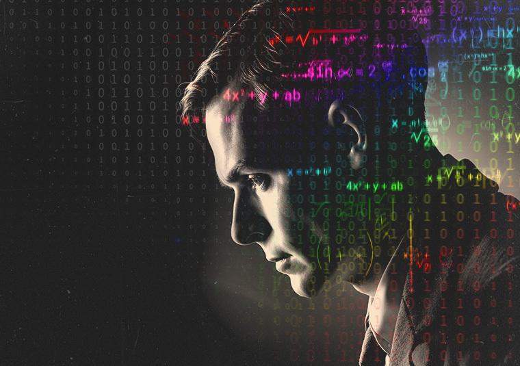 Side view of Alan Turing looking downwards in black and white with multi-coloured mathematical formulae and binary code overlaying.