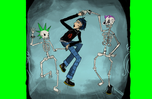 Illustration of a person dancing with two skeletons with brightly coloured pink and green hair.