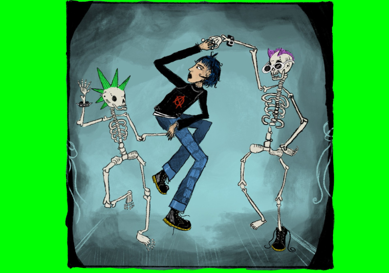 Illustration of a person dancing with two skeletons with brightly coloured pink and green hair.