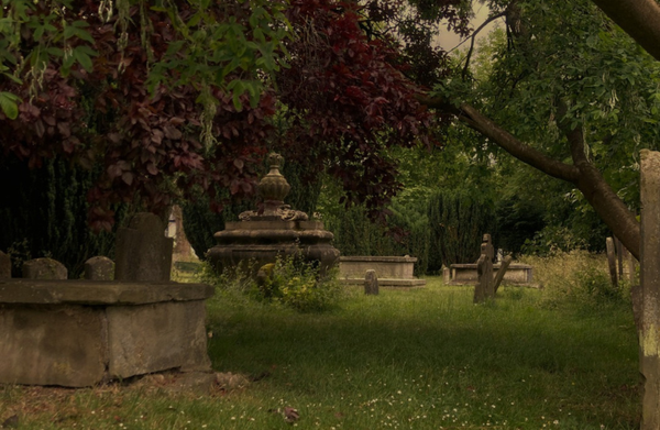 A photograph of a cemetery with headstones throughout the scene, long grass and autumnal trees.