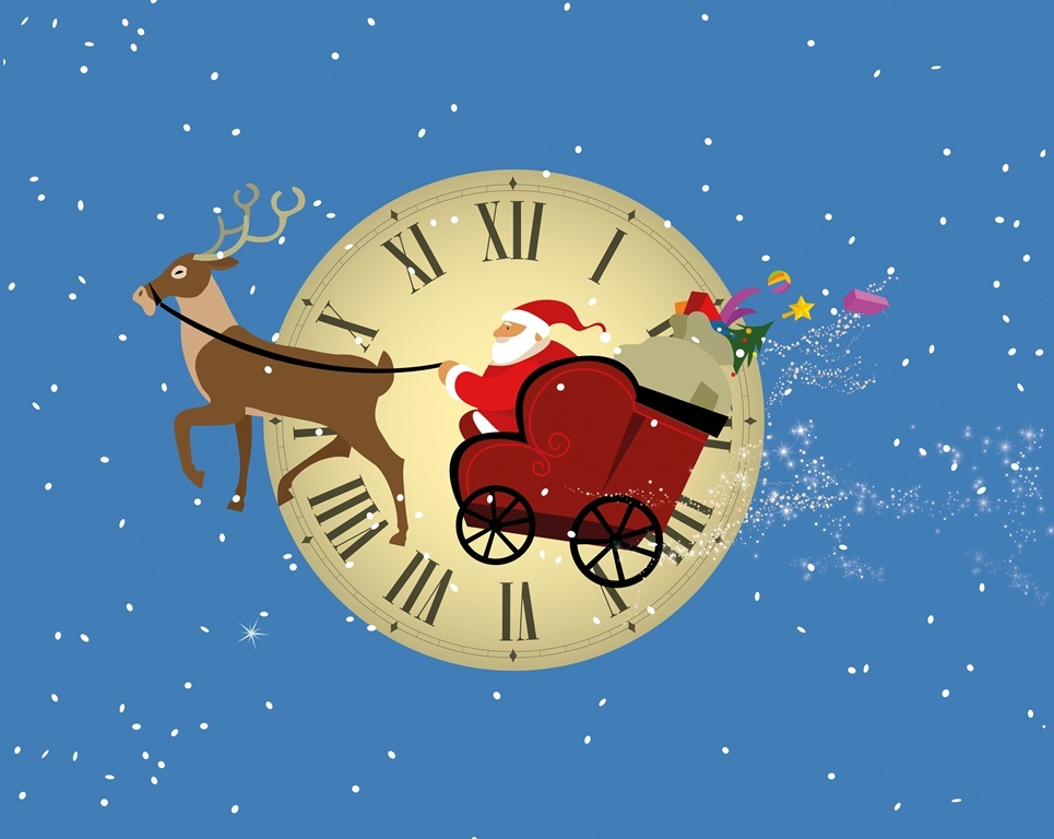 Blue background with flakes of snow and a clock face in the background. In front of the clock is a cartoon image of Father Christmas in a sleigh led by one reindeer.