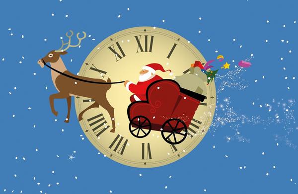 Blue background with flakes of snow and a clock face in the background. In front of the clock is a cartoon image of Father Christmas in a sleigh led by one reindeer.