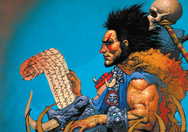 An illustration of Slaine the horned god from 2000AD. An drawing of a large muscled man with a wild mop of black hair, wearing furs and torn clothing, sat down holding a scroll with a skull on a stick behind his head.