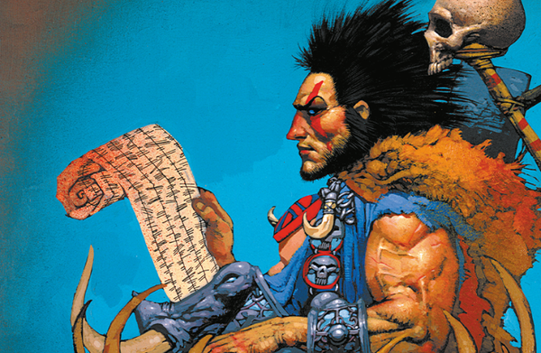 An illustration of Slaine the horned god from 2000AD. An drawing of a large muscled man with a wild mop of black hair, wearing furs and torn clothing, sat down holding a scroll with a skull on a stick behind his head.