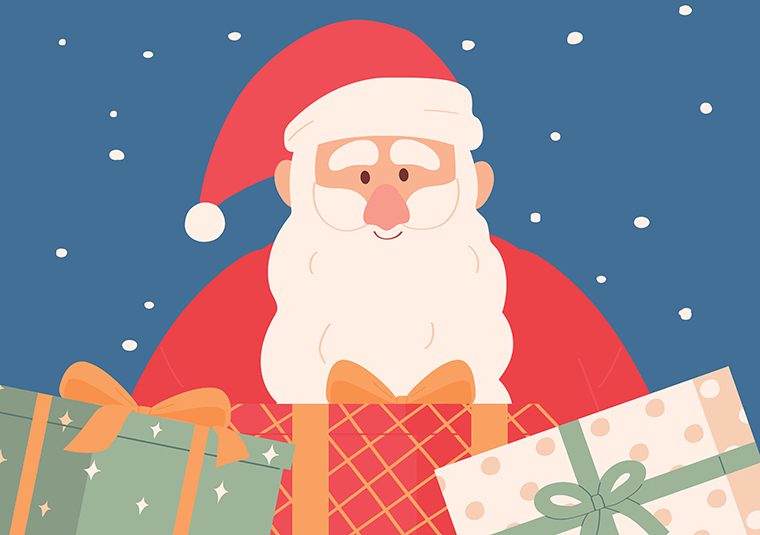 A cartoon illustration of Father Christmas with a long, white beard and red suit and hat. Wrapped gift boxes sit in front of him.