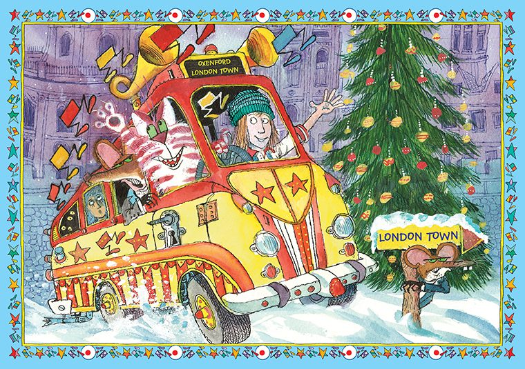 Dot Whittington and the cat are in a bright orange and yellow bus driving through the snow. A background of Oxford can be seen with a decorated Christmas Tree and sign reading 'London Town' on the right.
