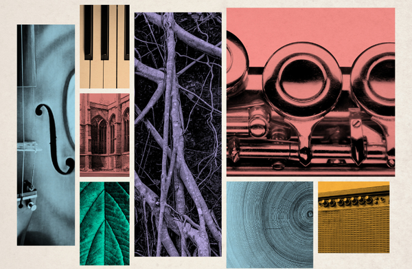 Collage with textured background and monochrome coloured images of closeups of musical instruments in a stylised layout.