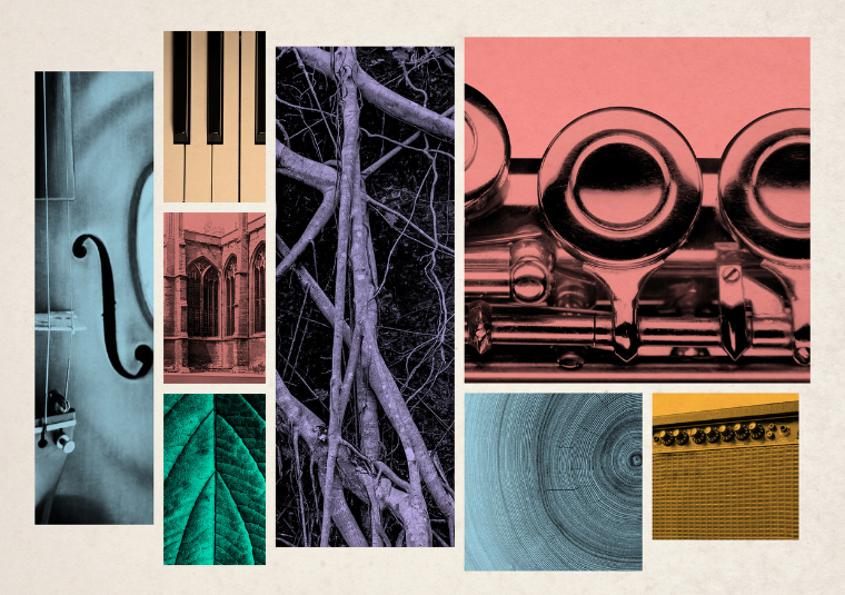 Collage with textured background and monochrome coloured images of closeups of musical instruments in a stylised layout.