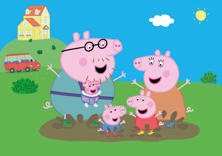 Cartoon illustration of Peppa Pig, Mummy Pig, Daddy Pig and George with little baby Evie. There is a bright yellow house in the background on a hill with a red car. The family are jumping happily in the mud.