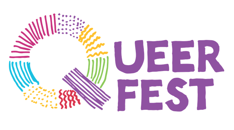 Queer Fest logo, with a multi-coloured 'Q' made up of abstract lines and designs