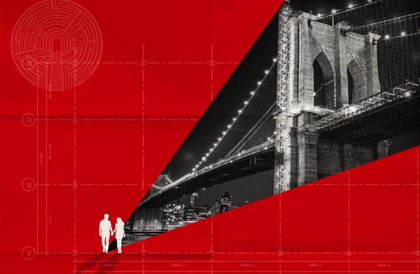 A collage with a background of red folded paper with a grid pattern and a labyrinth-maze logo in the upper left corner. A white silhouette of a man and woman walk hand in hand, casting a shadow in the lower center of the image with a triangle cut out of a black and white image of the Brooklyn bridge skyline.