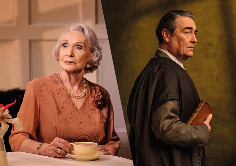 A diagonally split image. On the left hand side is an older woman sat at a table holding a cup and saucer on the table filled with tea. She has pursed lips and is looking off to the side. She is wearing a dress with pearl earrings and necklace, a watch and rings. On the right is a side profile of a man looking off to the side with a stern expression. He is wearing suit underneath a professor's gown and holding an old leather-bound book.