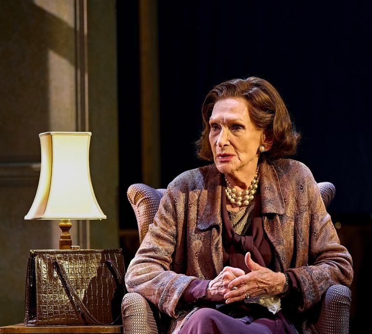 A woman sits in a chair looking off to the left. A lamp and brown crocodile handbag are placed next to her.