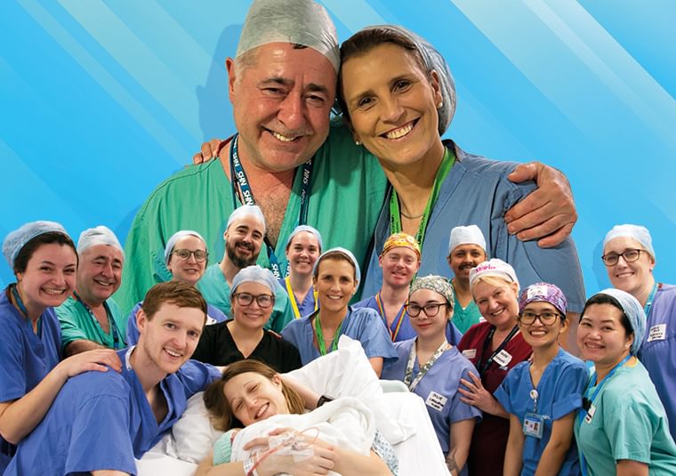 A collaged image with a blue striped background layered with images of nurses and doctors in scrubs smiling at the camera. A young couple are smiling and in scrubs with the woman holding a baby wrapped in blankets. Two doctors stand hugging in the foreground smiling at the camera.