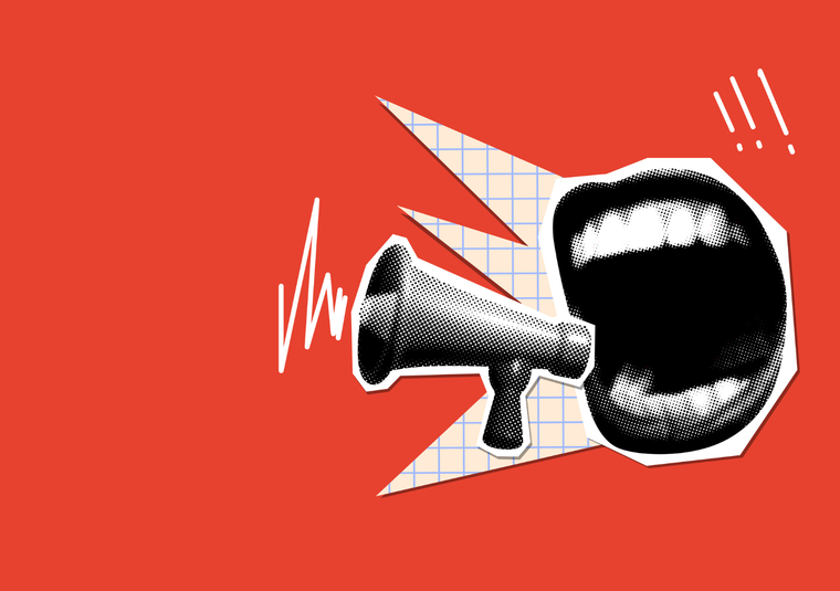 Modern collage with screaming mouth and loudspeaker. Halftone newspaper elements. Advertising banner with megaphone and copy space. Woman shouting into bullhorn.