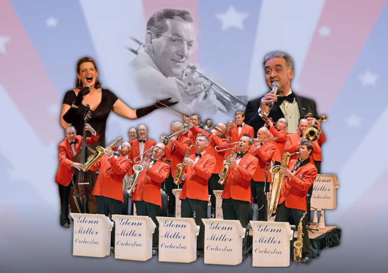 The Glenn Miller Orchestra play in bright orange jackets. Behind them are superimposed bigger photographs of two singers in black evening-wear. And behind the whole is a greyscale image Glenn Miller.