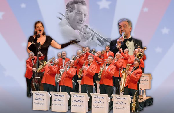 The Glenn Miller Orchestra play in bright orange jackets. Behind them are superimposed bigger photographs of two singers in black evening-wear. And behind the whole is a greyscale image Glenn Miller.