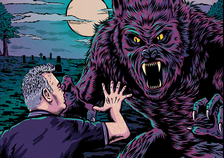 Stewart Lee confronts a wherewolf, in a Lichtenstein-esque pop-art illustration of a moonlit night. The wolf fills the image, eyes yellow, teeth bared.