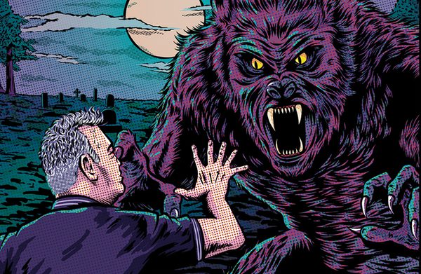 Stewart Lee confronts a wherewolf, in a Lichtenstein-esque pop-art illustration of a moonlit night. The wolf fills the image, eyes yellow, teeth bared.