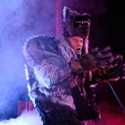 Amidst smoke, red lit, Stewart Lee stands with his great wolf paws cuffed with leapard-pattern fabric, huge hunching shoulders of fur, wolf's head turned so it's all teeth. His human face is visible at the microphone, mouth wide.