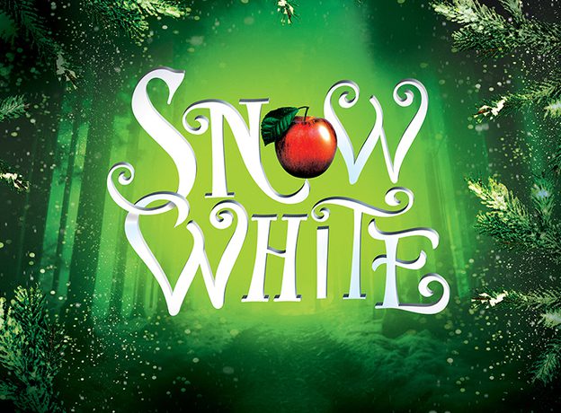 A magical forest of snow covered branches with glittering gold magic sparkles all around a whimsical 'Snow White' title with a bright red apple.