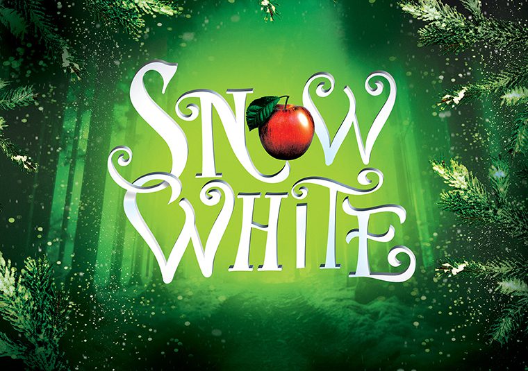 A magical forest of snow covered branches with glittering gold magic sparkles all around a whimsical 'Snow White' title with a bright red apple.