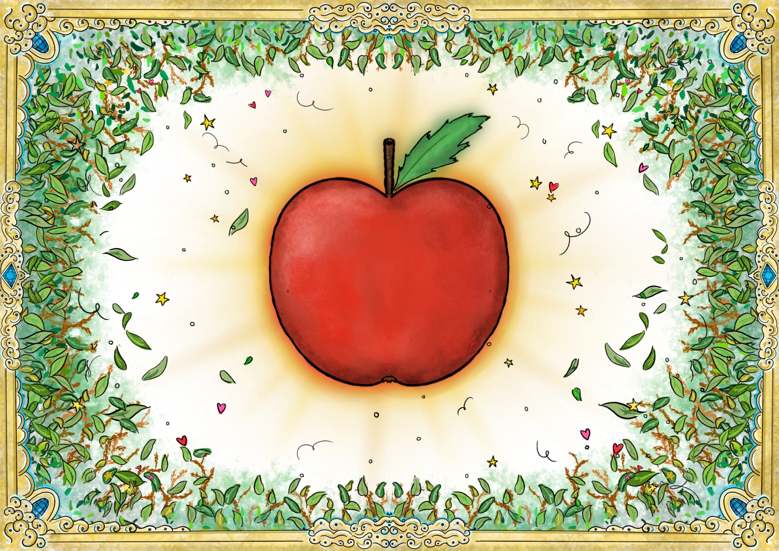 Illustration of a bright red apple with green foliage framing it within a gold gilded mirror.