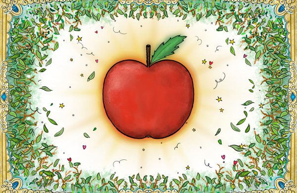 Illustration of a bright red apple with green foliage framing it within a gold gilded mirror.