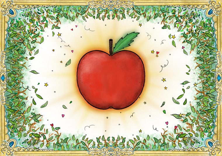 Illustration of a bright red apple with green foliage framing it within a gold gilded mirror.