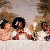 Hedydd Dylan as Hippolyta, Tiwa Lade as Hermia and David Olaniregun as Lysander in A Midsummer Night's Dream