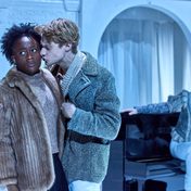 Helena looking annoyed with Demetrius as Oberon looks on inquisitively.