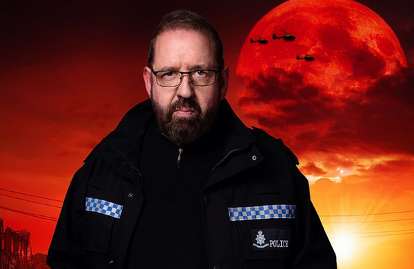 Comedian Alfie Moore in a police uniform with a background of the apocalypse with a bright red moon and silhouettes of military helicopters.