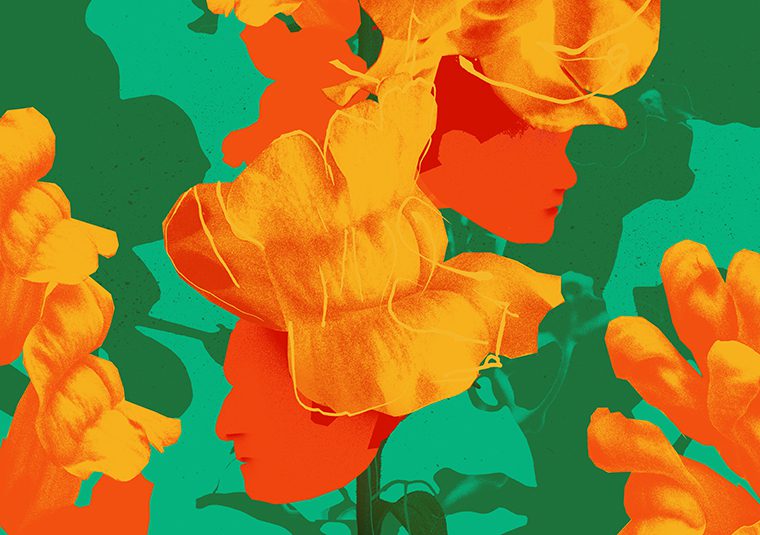 Illustration of brightly coloured orange snapdragons with silhouettes of a man and woman's face in between the flowers. An abstract background of teal and green shadow the floral patterns.