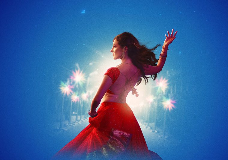 Illustration of a Bollywood dancer in a bright red outfit with photographers flashing their cameras in the background.