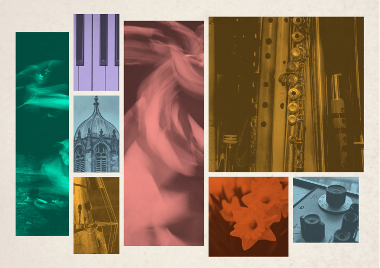 Collage with textured background and monochrome coloured images of closeups of musical instruments in a stylised layout.