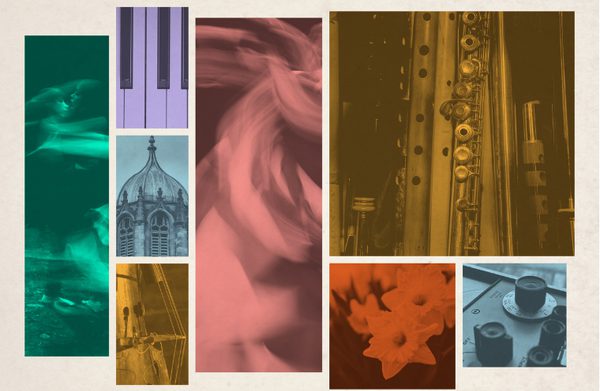 Collage with textured background and monochrome coloured images of closeups of musical instruments in a stylised layout.