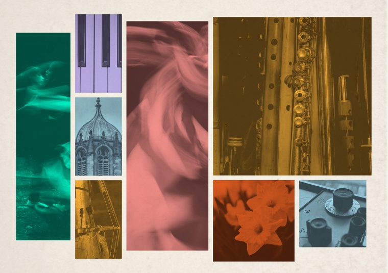 Collage with textured background and monochrome coloured images of closeups of musical instruments in a stylised layout.