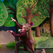 Harris Beattie dressed as the wolf in a suit against a whimsical forest backdrop.