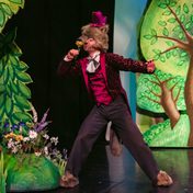 Harris Beattie dressed as a wolf in a suit against a whimsical forest backdrop