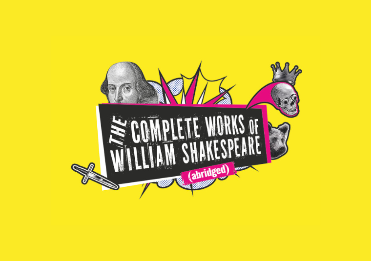 A graphic collage with images of Shakespeare, skulls, bears, swords and crowns on a bright yellow backdrop with accents of hot pink.