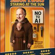 A product design of Simon Evans as an action figure with accessories including a sign reading 'No to AI', a microphone and a bottle of whisky.