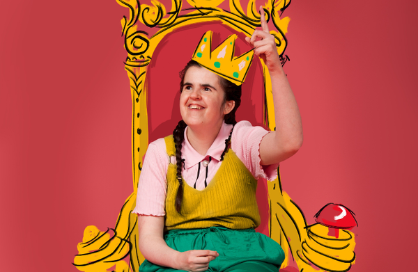 Rachel sat upon a golden throne illustrated in a whimsical doodle with a large red button on her left and gold crown on her head. She sits on the throne smiling and looking off camera with one of her fingers raised in the air.