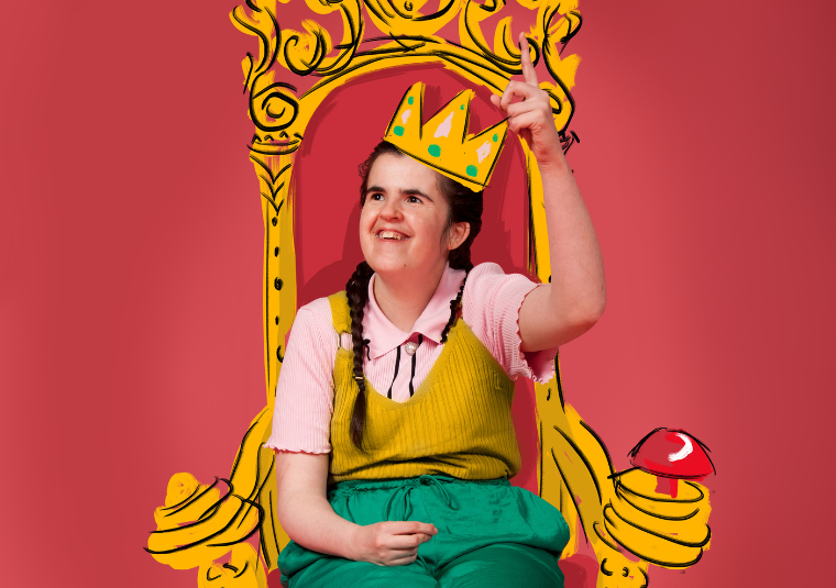 Rachel sat upon a golden throne illustrated in a whimsical doodle with a large red button on her left and gold crown on her head. She sits on the throne smiling and looking off camera with one of her fingers raised in the air.
